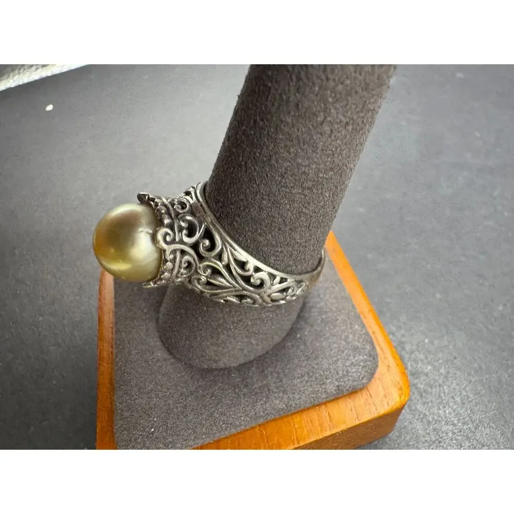Vintage Sterling Silver 925 Signed Pearl Filigree Cocktail Ring Size 10